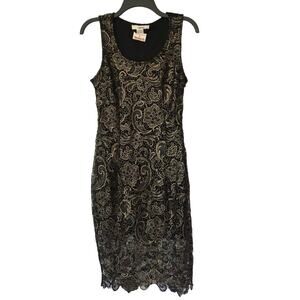 NWT Sans Souci Medium Lace Midi Dress, Lined to Knee, Sheer Black With Gold lace